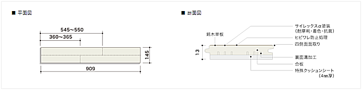 朝日ウッドテック フローリング材(床材) エアリス-α ネダレス HLBF(L-45)の平面図 断面図